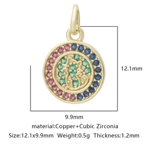 Macro shot of circular pendant with colored cubic zirconia and dimensional specifications