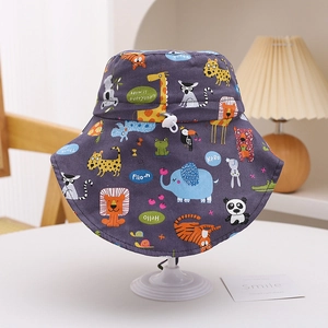 Close-up of kids cartoon animal print sun hat with wide neck flap and adjustable chin strap