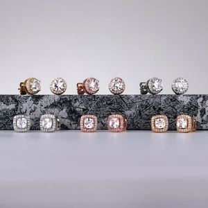 Detail view of 6-pair stud earring set in round and square cuts with multi-color finishes