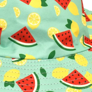 Gros plan d'imprimé pastèque et citron sur tissu vert menthe avec coutures de bord