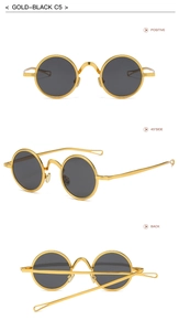 Drei-Ansichten-Layout der Retro-Rundsonnenbrille mit goldenem Metallrahmen und schwarzen Gläsern