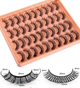 Detailed view of 20 pairs of dense Russian curl eyelashes with precise length measurements