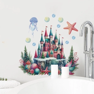 Waterproof fairy tale castle wall decals with jellyfish and starfish for bathroom decor
