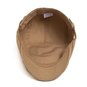 Interior view of khaki cotton flat cap featuring high-quality stitching and sweatband