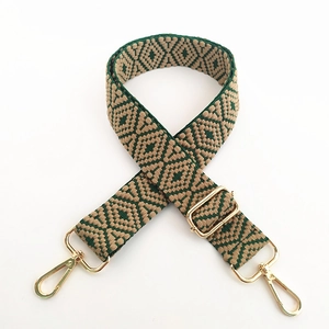 Detail of adjustable ethnic geometric woven strap with gold metal lobster clasps