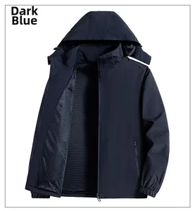 Close-up of dark blue windbreaker with mesh lining and adjustable hood detail