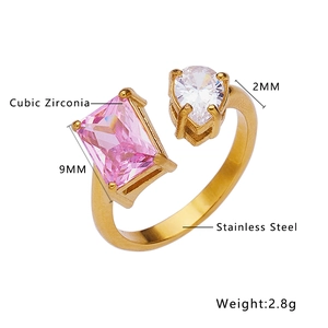 French vintage adjustable gold stainless steel ring with pink and white zirconia stones