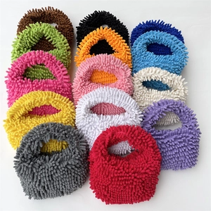 Detailed view of plush chenille mini tote bags in various vibrant candy color options