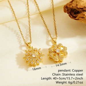 Golden double-layer rotating flower necklace with stainless steel chain and brass pendant