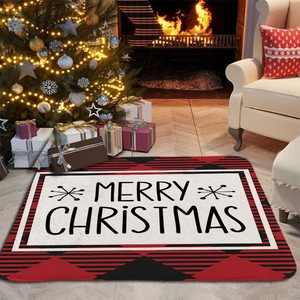 Paillasson de Noël en flanelle avec carreaux rouges et noirs et texte Merry Christmas