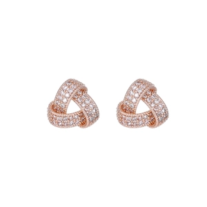 Three-dimensional rose gold triangle earrings with micro-set zircons and beaded edge detail