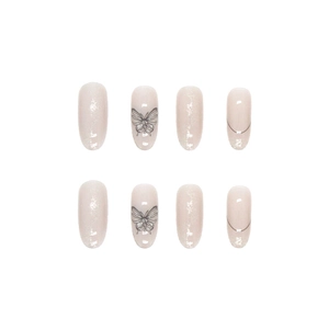 Silberne Glitzer-Schmetterlingsnägel zum Aufkleben mit nude-rosa Basis und Linien