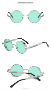 Multi-angle views of retro round steampunk sunglasses with silver frame and sea green lenses
