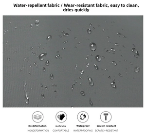 Close-up of gray water-resistant fabric with water droplets showing durable material