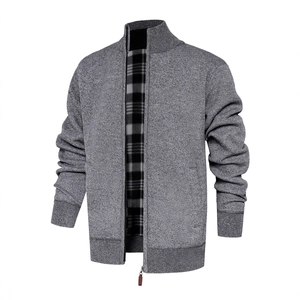 Men's fashion winter grey knit cardigan with zipper and black checkered lining