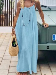 Women Backless Cami Maxi Dress Summer Beach Vacation Elegant Solid Color Sleeveless Polyester Spandex A-Line