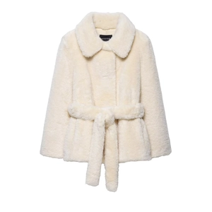 Kunstpelzmantel Damen Elegant Warm Plüschjacke Mit Gürtel Revers Langarm Einfarbig Modische Oberbekleidung Cremeweiß