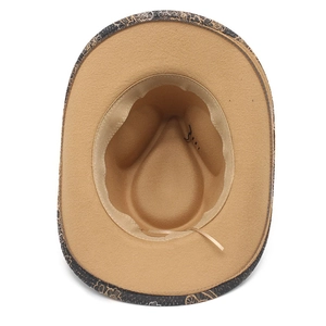 Detail of western wool hat interior showing sweatband, adjustable drawstring, and floral brim