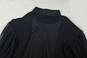 Close-up of black bodycon dress with sheer mesh neckline and pleated stand collar