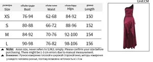Size chart for satin maxi dress including bust, waist, and hip measurements in cm