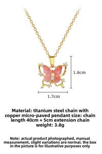 Detail of pink butterfly pendant necklace with crystal inlay and 40cm plus 5cm chain