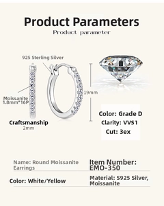 Detailed size specifications for S925 sterling silver moissanite hoop earrings