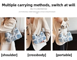 Detailed views of light blue denim handbag showing shoulder, crossbody, and handheld styles