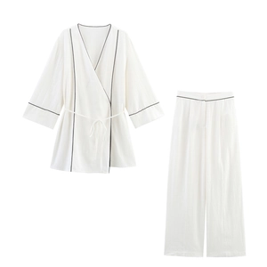 Women Loungewear Contrast Piping Kimono V-Neck Long Sleeve Top And Wide Leg Pants Elegant Casual Lounging Outfits