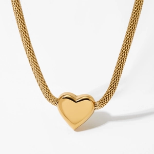 Gold stainless steel chain necklace featuring hollow heart and sphere pendants on white background