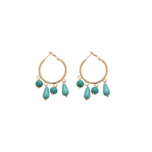 Bohemian gold hoop earrings with turquoise waterdrop tassels in an ethnic style