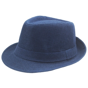 Detailed view of dark blue woven linen fedora hat with breathable summer texture