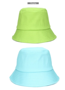 Detail showing multi-row stitching on brim of neon green and light blue cotton bucket hats