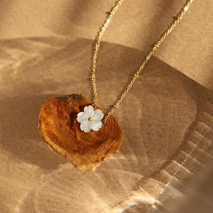 Macro shot of 18K gold plated necklace with delicate white shell flower pendant detail