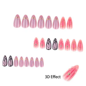 3D butterfly press-on nails set with pink gradient and metallic star art 24pcs