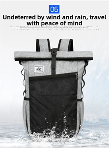 Waterproof roll-top travel backpack with grey textured fabric and mesh pocket detail