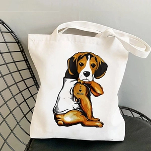 Sac fourre-tout en toile blanche avec motif de chien Beagle yoga et tatouage I Love Mom