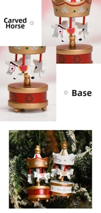 Detailed view of hand-painted wooden carousel ornaments hanging on a Christmas tree branch
