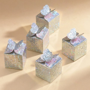 Silver laser butterfly gift boxes for wedding favors and small presents in square shape