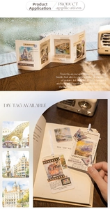 Detail of vintage DIY scenery stickers with retro architectural prints on textured paper
