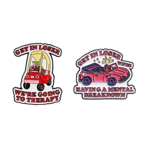Pink cartoon enamel car badges with Get in Loser text for clothing and bags decoration