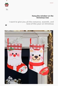 Detail of Christmas stockings with Santa and Bear cartoons hanging on a fireplace mantel