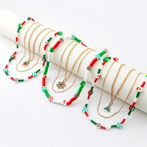 Christmas Multi Layer Necklace Alloy Polymer Clay Beads Santa Snowflake Bell Reindeer Pendant Festive Jewelry For Women