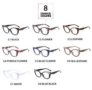 Detailed catalog of cat-eye TR glasses frames showing eight stylish color patterns