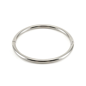 Polished silver stainless steel bangle bracelet with side hinge clasp on white background