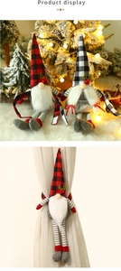 Christmas gnome curtain tieback with plaid hat and berries used for festive home decor