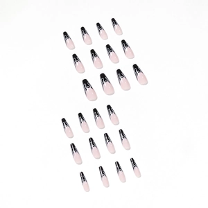 Faux ongles ballerine longs avec base rose et motifs flammes noires, lot de 24 pièces