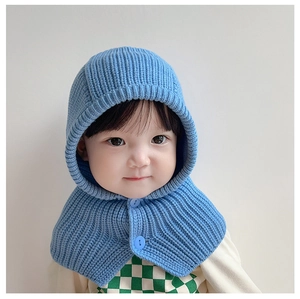 Sky blue knit hooded scarf for children with front button closure and thick yarn texture