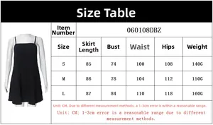 Detailed size chart for the backless black camisole dress showing S, M, and L measurements