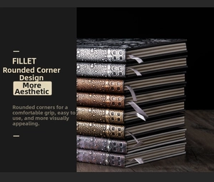 Detail of vintage embossed PU leather notebook with rounded corners and ribbon bookmark