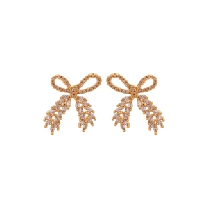 Elegant gold bowknot earrings with sparkling zircon leaf pendants on a clean white backdrop